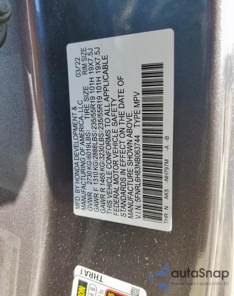 2022 Honda Odyssey Touring z USA, uszkodzony, nr VIN 5FNRL6H83NB063744